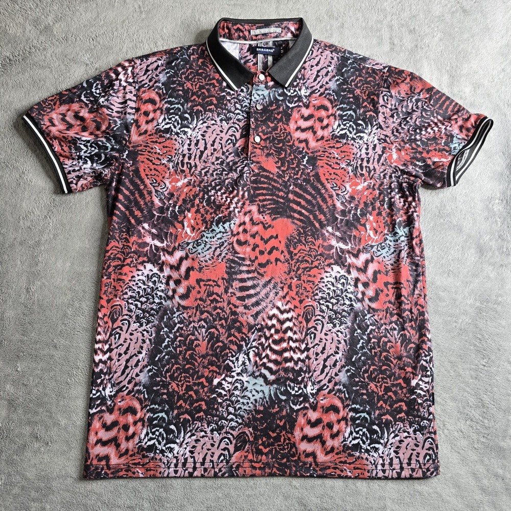 Barabas Polo Shirt Mens M Red White Black S/S Abstract Print